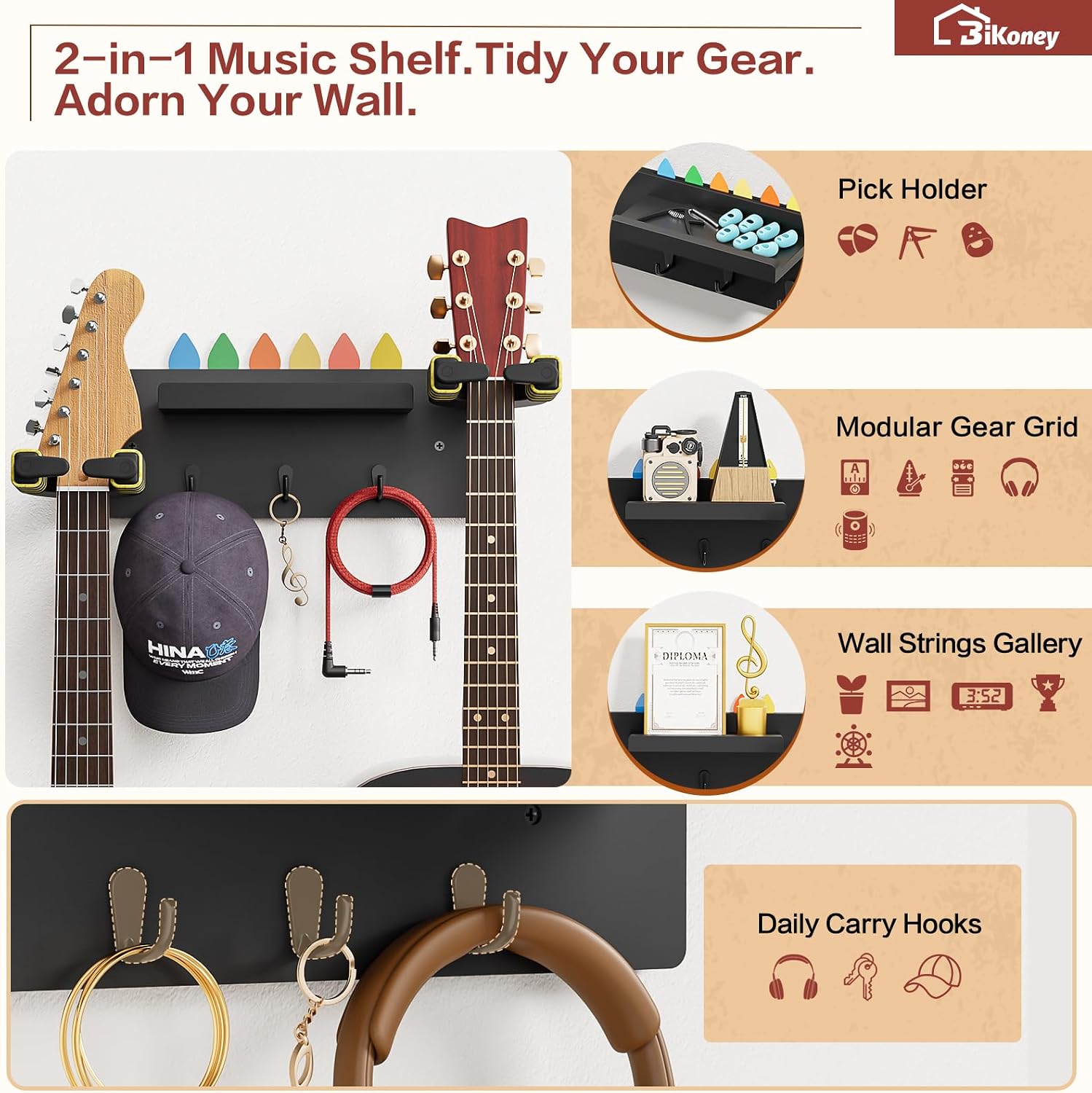 Bikoney Guitar Wall Mount Shelf with 3 Hooks, Auto Lock Dual Guitar Hanger