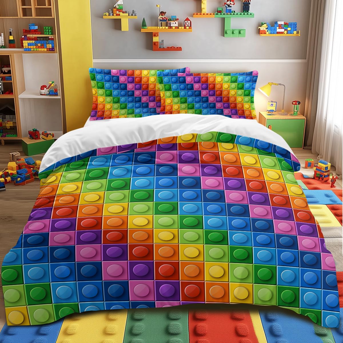 Blessliving Boys Single Size Bedding Set Kids Construction Toy Building Blocks Pattern Duvet Cover Set 3 Piece Colorful Comforter Cover Set for Teens Kids Boys Girls (Single) — image 1