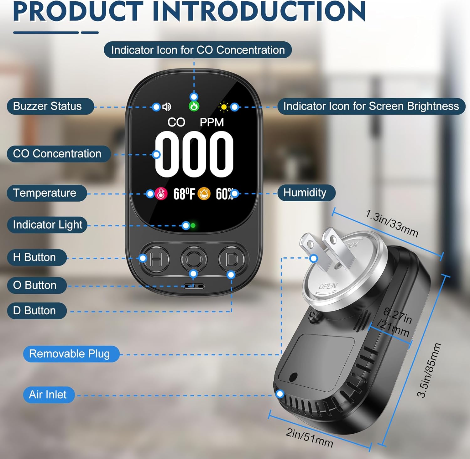 Carbon Monoxide Detectors Plug in, 3-in-1 CO Detector with Temp/Hum Sensor, Portable Travel Carbon Monoxide Alarm with 85dB Alarm, Real-Time CO Monitor Easy to Read & Install (Black-1 Pack) - Image 6