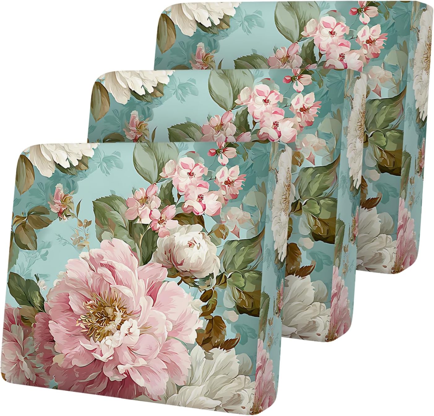 Floral Seat Cushion Cover Set, Vintage Flower Sofa Cushion Slipcover, Stretch Couch Seat Protector with Elastic Bottom,Furniture Cover for Living Room Decor,3PC