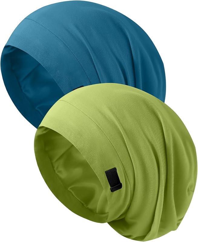 ZHENSILK Touca de banho com forro acetinado ajustável, azul-marinho e verde, pacote com 2