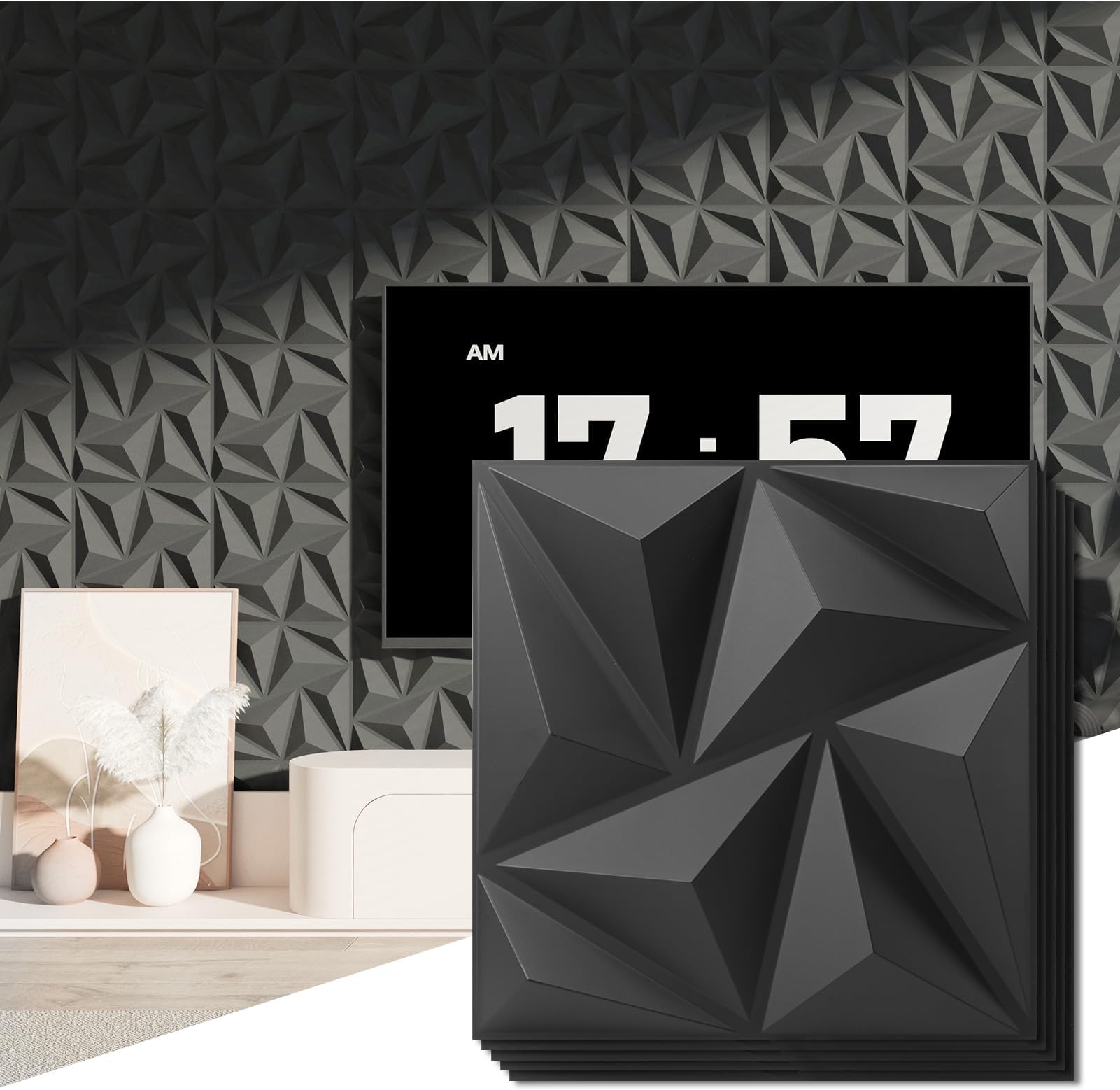 Art3d 3D Wall Panels 100 Pack, 11.8" x 11.8" (97 Sq.ft) PVC Wall Panels - Glue Up Panels Wall Decor for Living Room, Bedroom, Office, Black