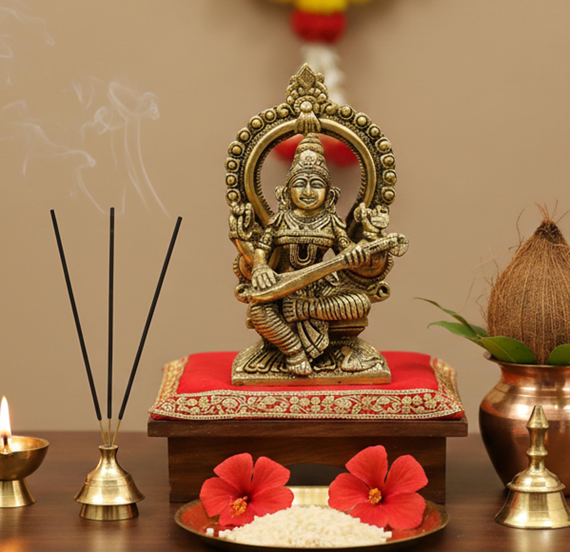 Esplanade Golden Brass Saraswati Maa Murti Idol Statue Sculpture For Home Decor And Temple - 9.75" Inches - Multi (Brass Small Frame)