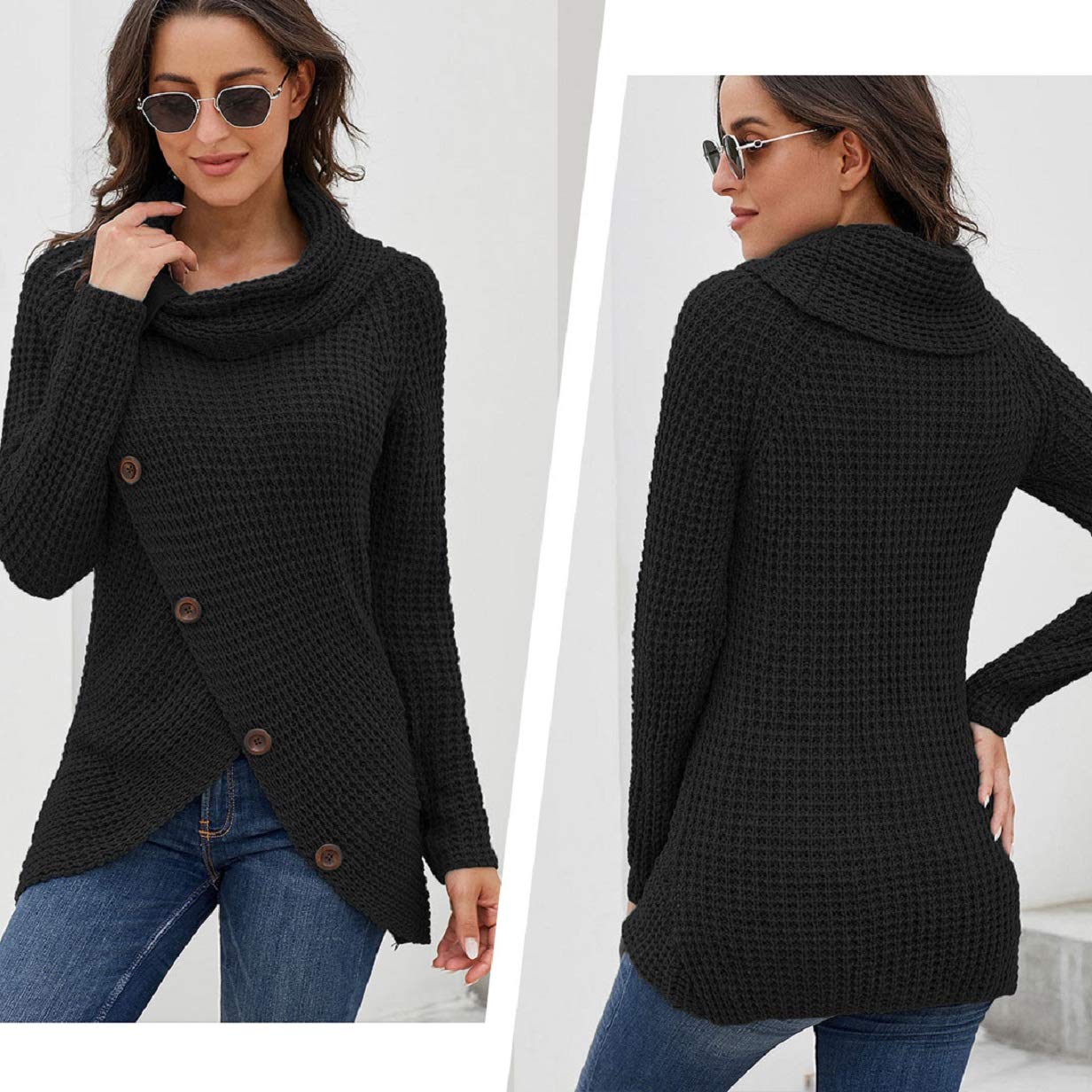 Tuopuda Femme Pull à Manches Longues Chandail Elégant Pullover Col Roulé Hauts Tricot Sweater avec Boutonné Croisé Tricot Décontracté Ourlet Asymétrique Automne Hiver