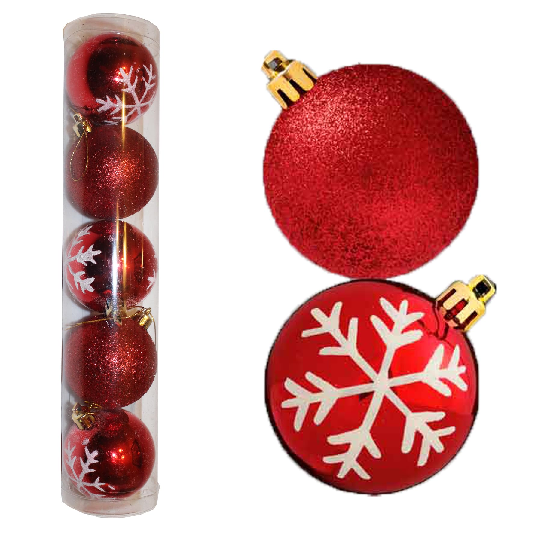 Christmas Baubles 5 Pack 60mm Shatterproof Baubles Snowflake and Glitter Design Baubles (Red 4234)