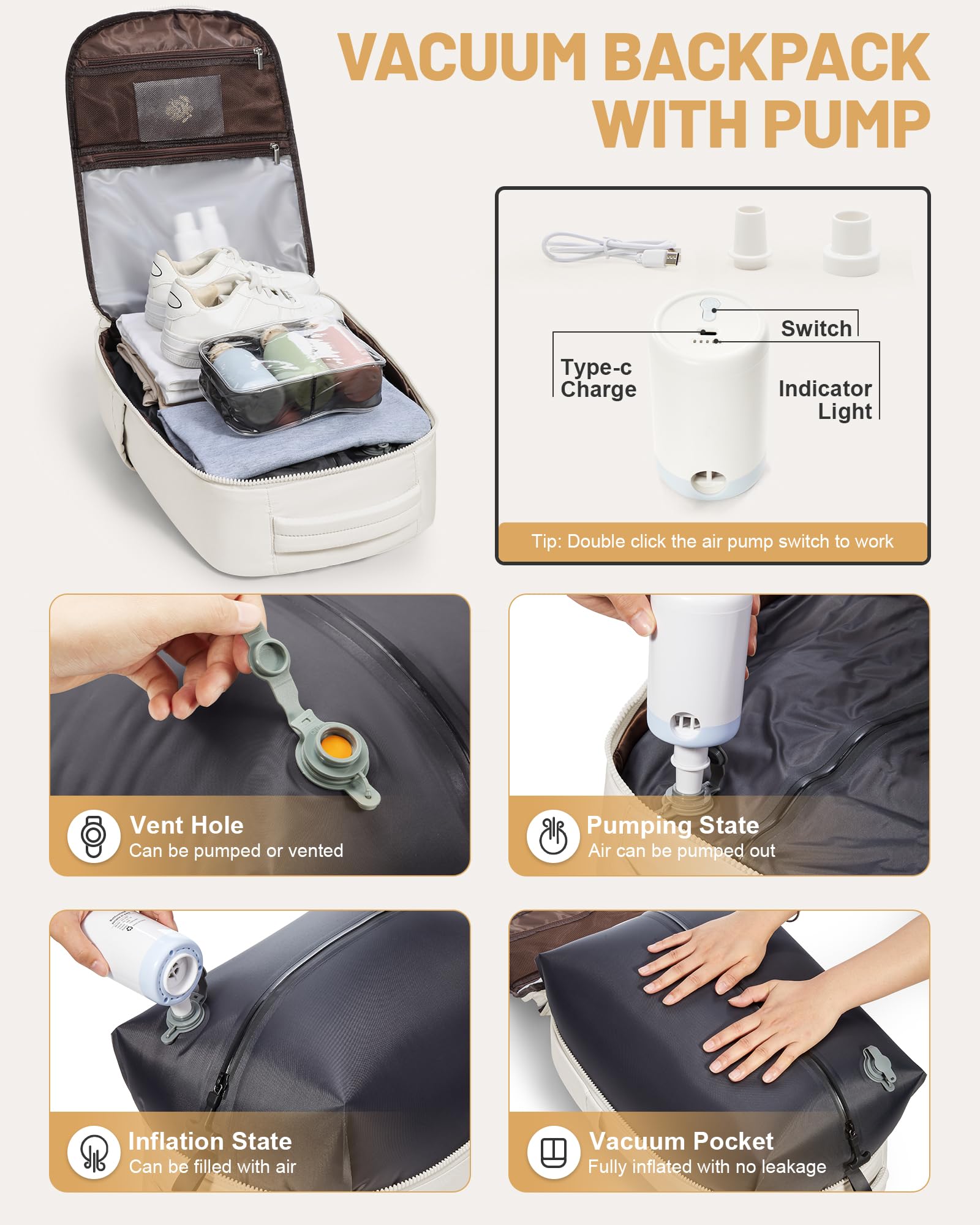 Zaino Sottovuoto Viaggio Con Pompa, Zaino Ryanair Easyjet 45x36x20 Con Sottovuoto Incorporato, Zaino Da Viaggio Grande Da Donna Uomo Aereo Bagaglio a Mano Beige