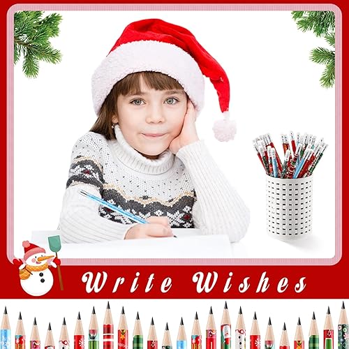 Miniatura 10 de Lápices de Navidad a granel para niños, coloridos lápices de madera de invierno con lápices de borrador, muñeco de nieve, Papá Noel y alce, lápiz de