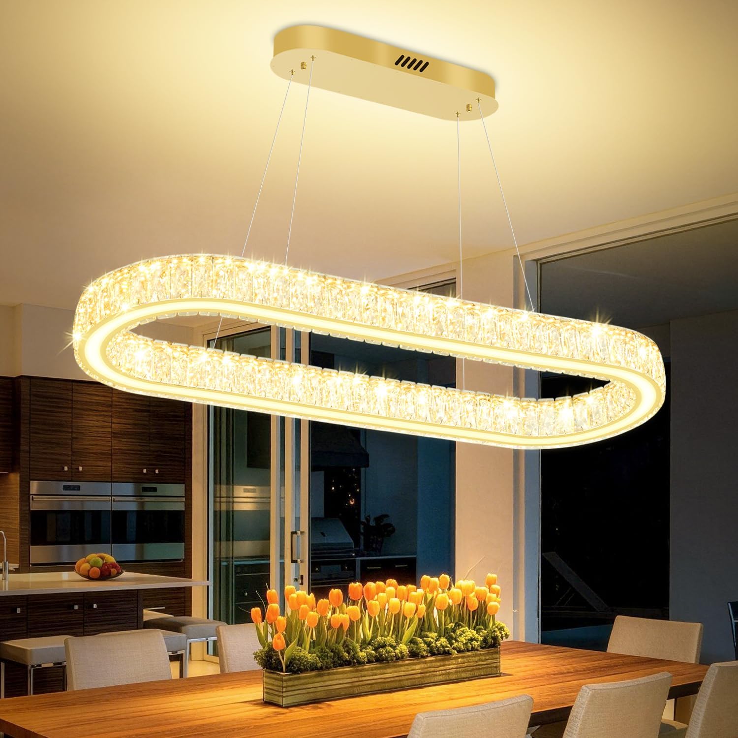 Gold 40in Crystal Ring Chandeliers for Dining Room Dimmable Linear Oval Crystal Ring Pendant Light for Kitchen Island 1 Linear Chandelier LED Acrylic Pendant Lighting