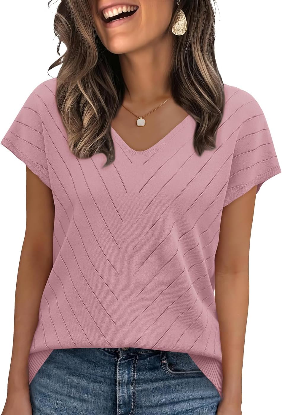 WIHOLL Short Sleeve Sweater for Women V Neck Trendy Summer Tops 2026 Beach Vacation Clothes Travel Business Casual Outfits
