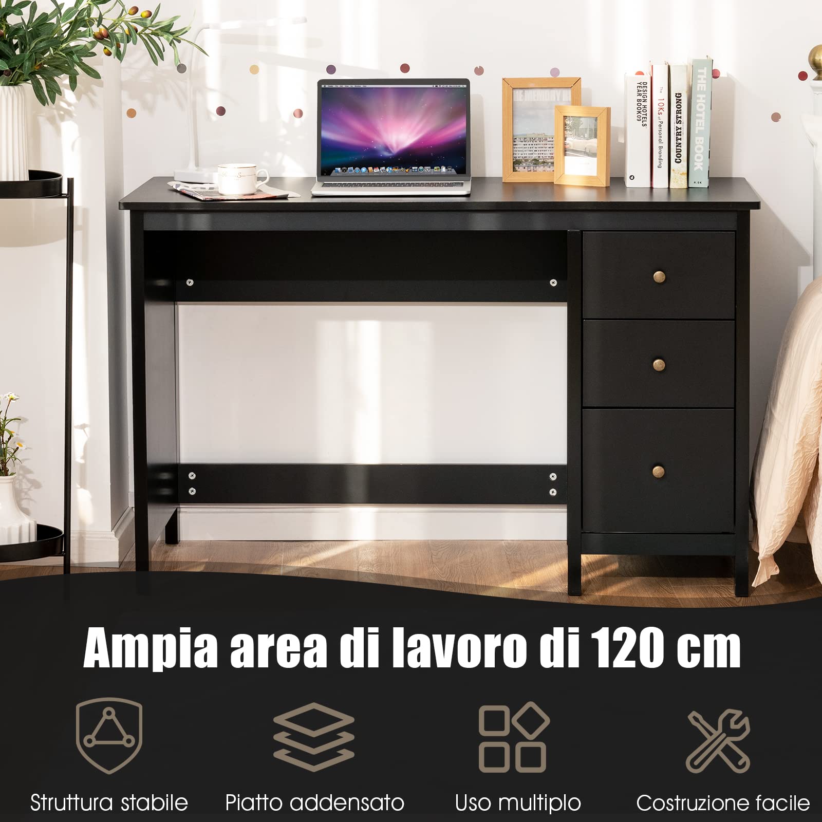 COSTWAY Scrivania per Computer con 3 Cassetti, Scrivania Salvaspazio con Dispositivo Antiribaltamento, Postazione di Lavoro Multifunzionale per Casa e Ufficio, 120 x 50 x 75 cm (Nero)