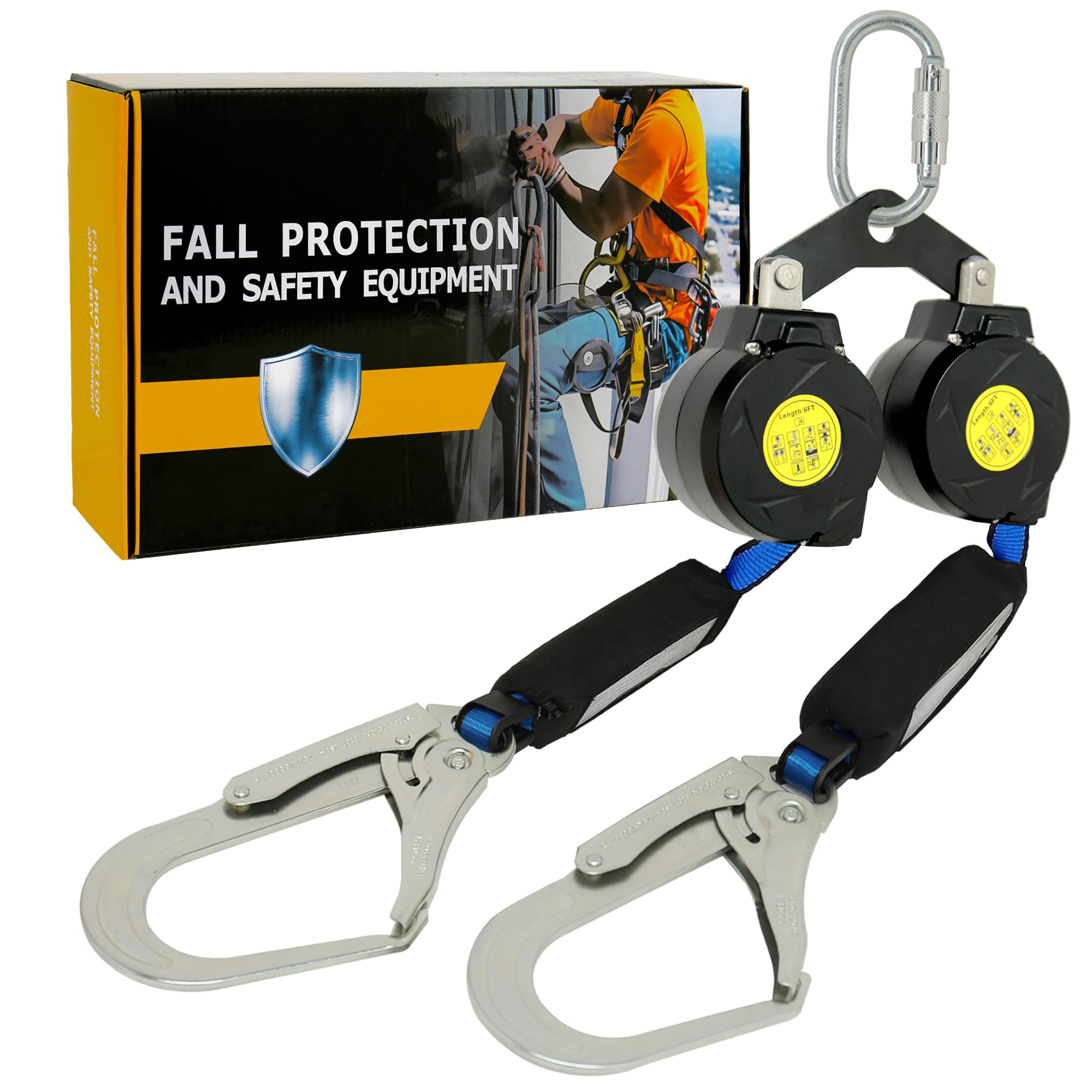 6’ Twin-Leg [NO Tangle] Self Retracting Lifeline ANSI Class A SRL Rebar Hooks Shock Absorber Roofing Construction Personal Fall Arrest Protection