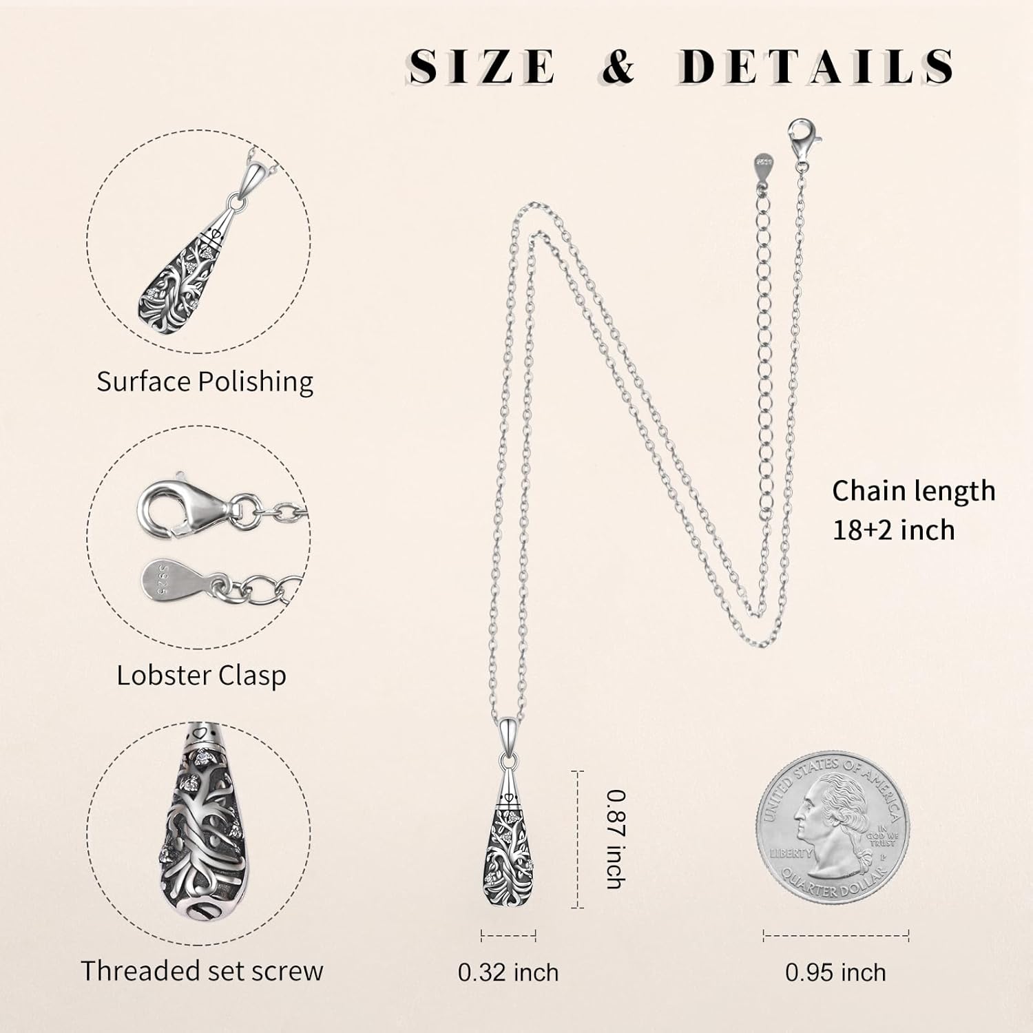 925 Sterling Silver Urn Pendant Necklace Teardrop Cremation Jewelry for Ashes Memorial Keepsake for Women - Image 5