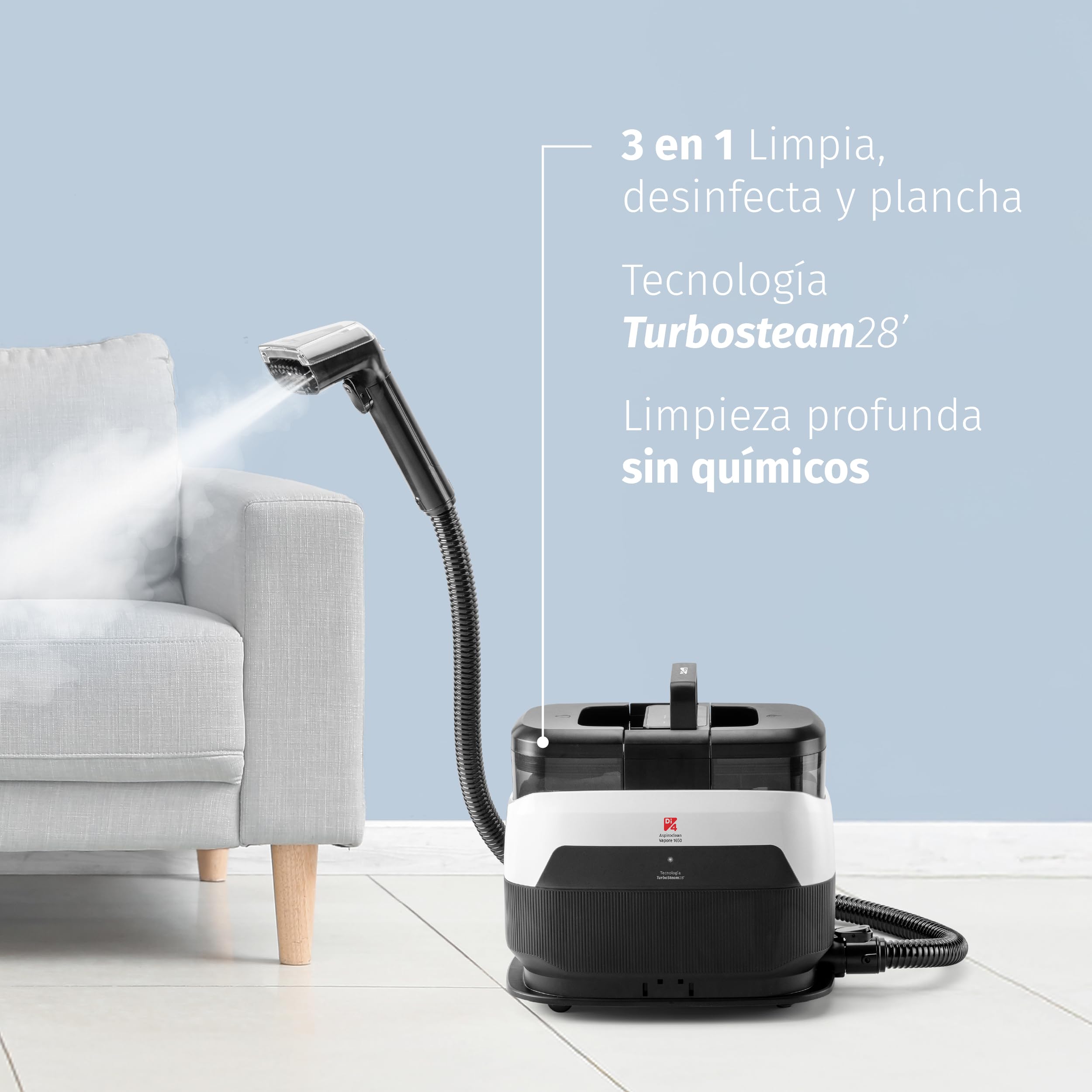 Di4 Aspiroclean Vapore 1650 Limpiador a Vapor, Potencia 1650W, Función Agua Caliente y Vapor, Doble Depósito, Limpiador Vapor Sofá, Alfombras, Tapicerías y Coche, Accesorios Incluidos, Limpiacristales