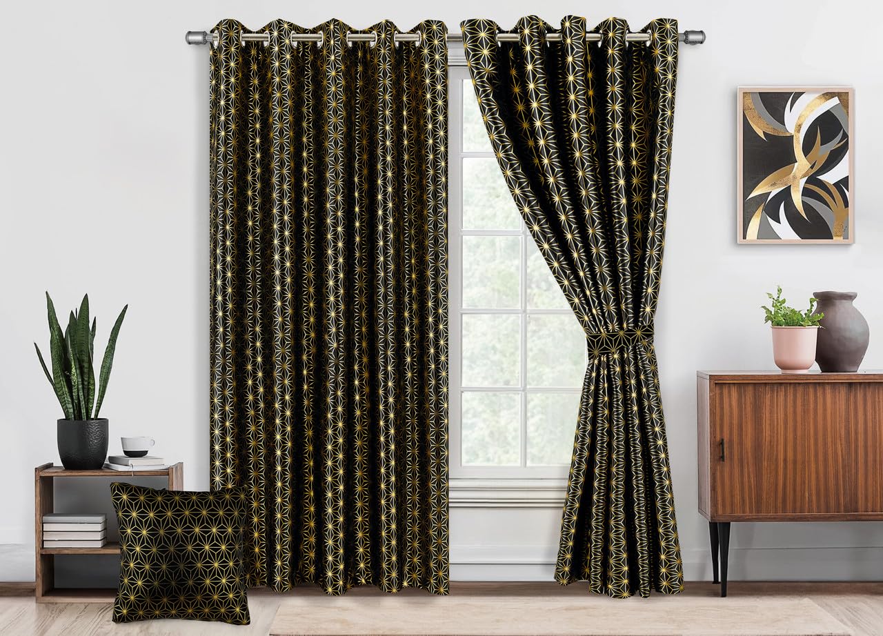MILANO COLLECTIONS® Metallic Foil - Golden Star Bust Pattern Blackout Curtains for Bedroom & Living Room – 2 Panels with Tiebacks – Noise-Reducing, Sunlight Blocking for Home Décor - Black
