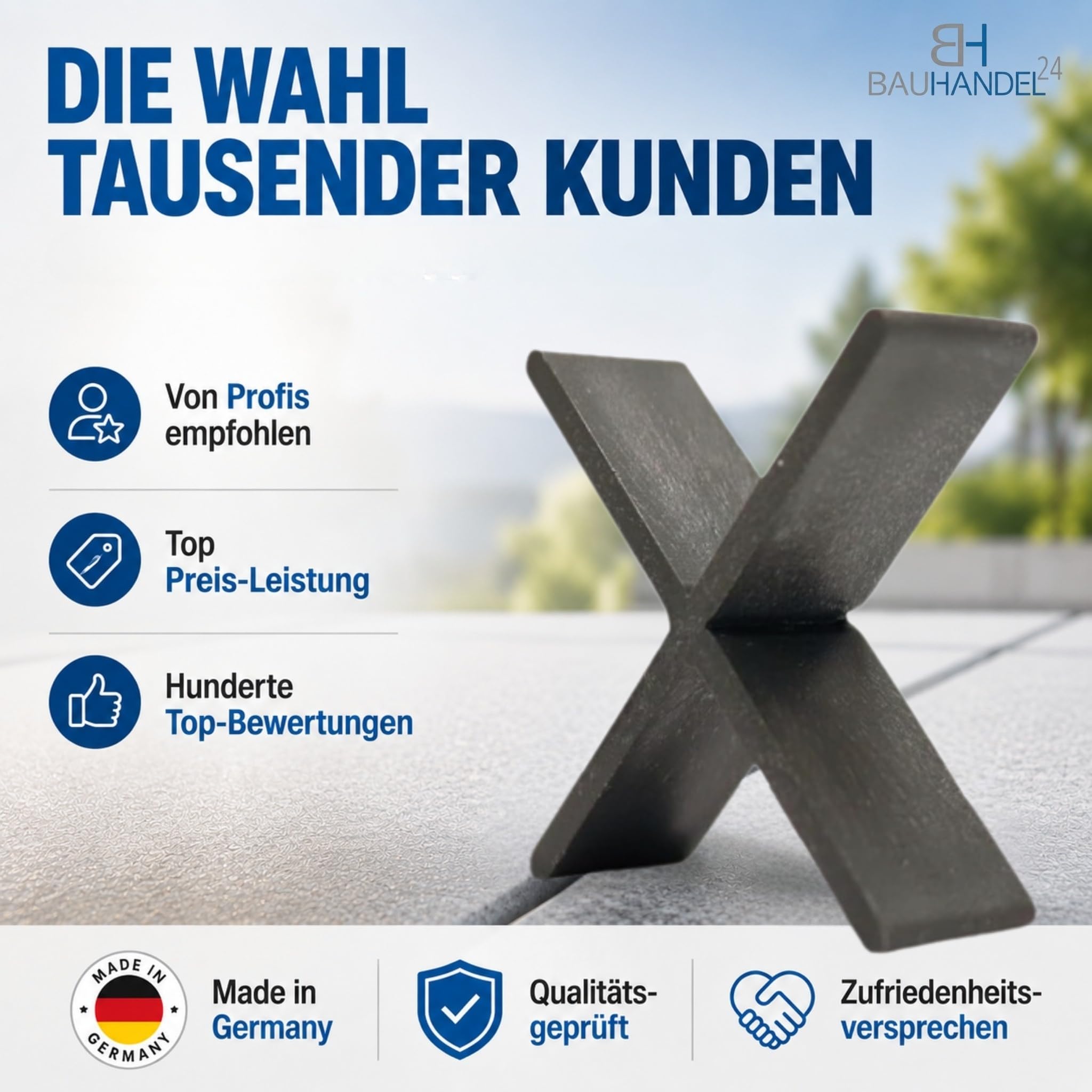 Bauhandel24 - Fugenkreuze 3mm für Terrassenplatten 100 Stk., Fugenkreuz auch als T-Stück, Abstandshalter 15mm Höhe, Kreuze im Außenbereich für Platten Pflaster Terrasse Balkon