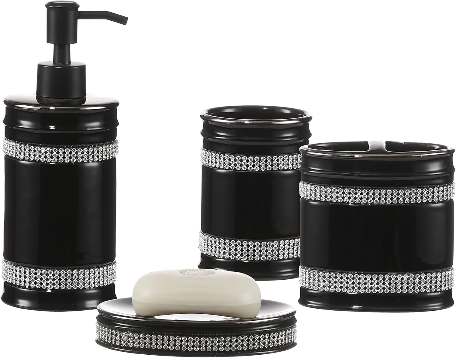 Bathroom Accessories Set, 4-Piece Ceramic Bath Accessory Complete Set with Lotion Dispenser/Soap Pump, Tumbler, Soap Dish and Toothbrush Holder (Rhinestones, Black)