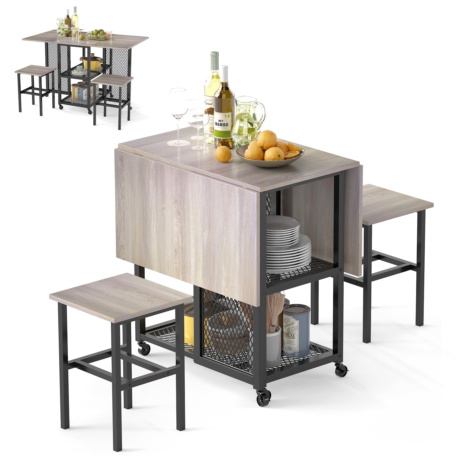 GiantexUK 3 PCS Folding Dining Table and Stools Set, Drop Leaf Dining Room Set with 2-Tiers Storage Shelves & 6 Wheels, Space-Saving Kitchen Table and Chairs Set for Home Living Room Pub (Grey+Black)