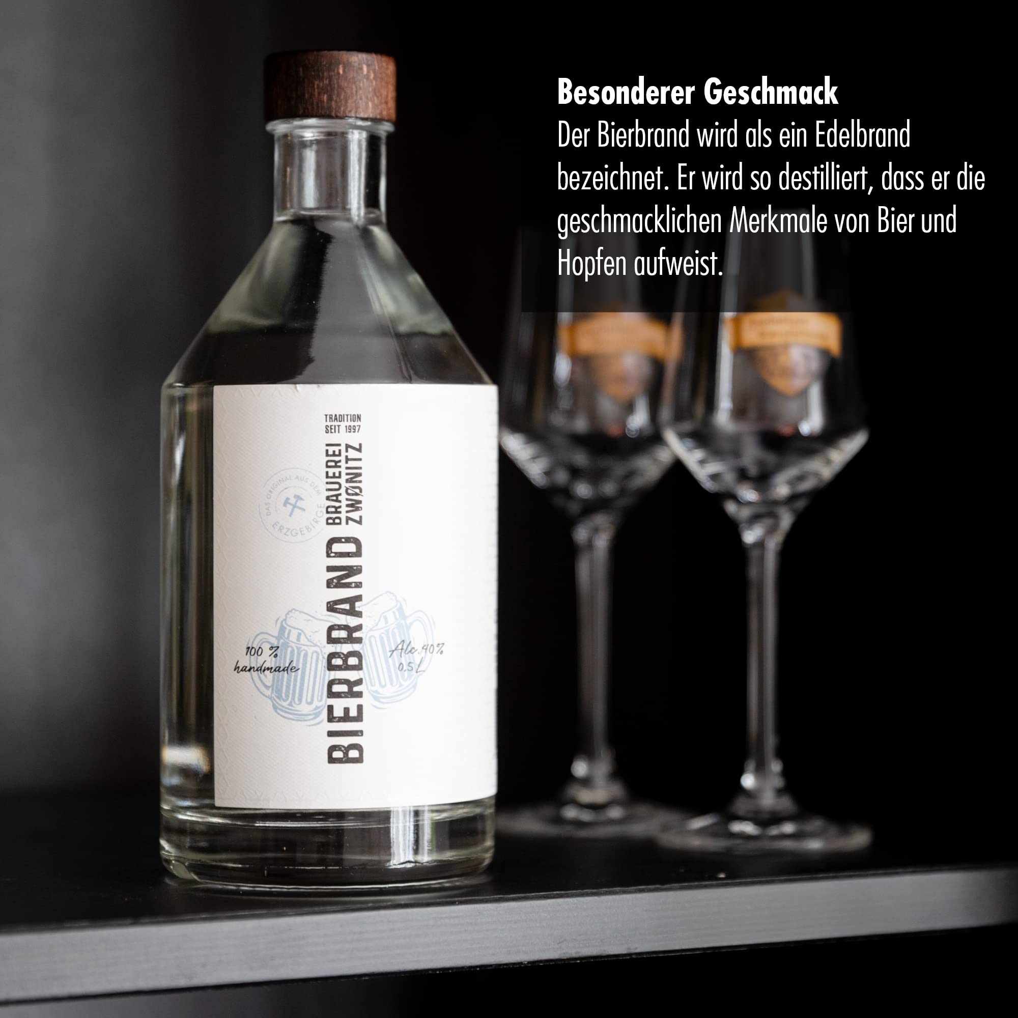 Brauerei Zwönitz Geschenkset mit Bierbrand 0,5 L & zwei passenden Gläsern | Alkohol Geschenkset mit Bierbrand - Originelles Biergeschenk