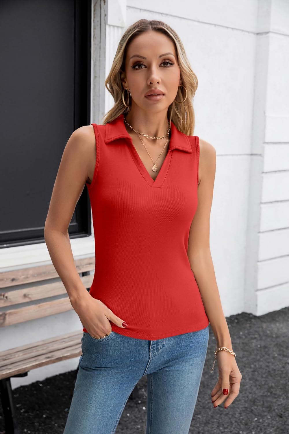 SANDERY Womens Ribbed Tank Top Sleeveless Tops Collared V Neck Polo Shirts Slim Fit Knit Basic Going Out Tops 2025 - Image 3