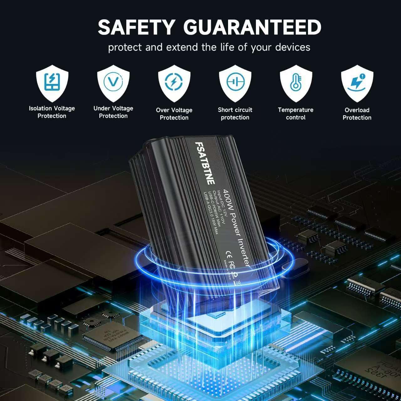 400W Power Inverter, FSATBTNE DC 12V to 110V AC Car Plug Adapter Outlet Converter with [65W PD USB-C] & [18W QC USB-A] Fast Charging Ports and 2 AC Outlets Car Power Inverters for Vehicles Black