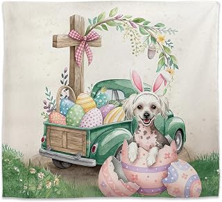 Ninety3POD Easter Egg Chinese Crested Bunny Ear Welcome Spring Truck Tapestry Dog Lover Wall Hanging Backdrop Home Decor 12002