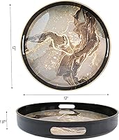 Vista 4 de Round Black Marbling Decorative Tray with Handles, 13" Morden Plastic Serving Tray for Coffee Table Bathroom, Ottoman, Home Decor Trma05