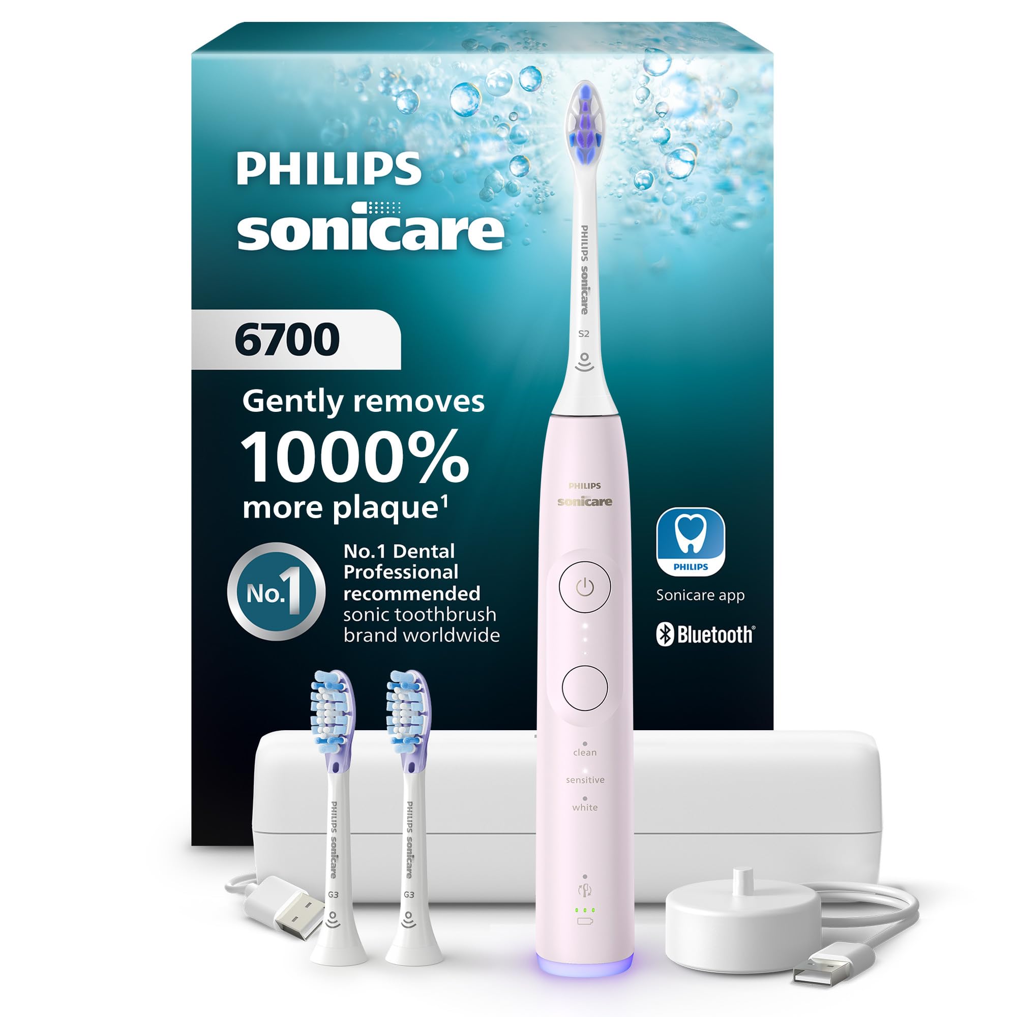 Philips Sonicare Cepillo dental eléctrico serie 6700 - Sonicare nueva generación, sensor de presión, 9 ajustes de cepillado, SmarTimer, duración de 21 días, estuche de viaje, color rosa