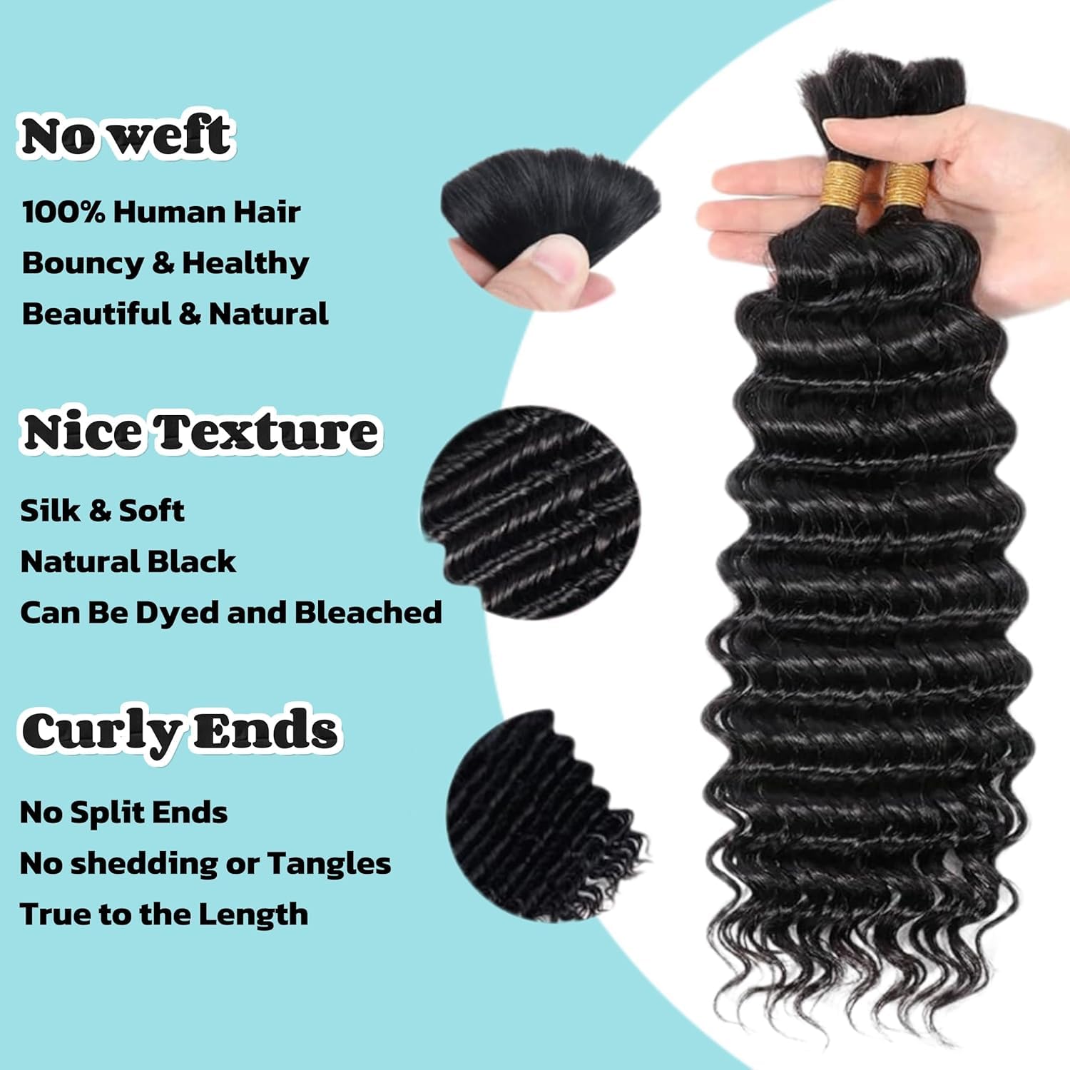 Deep Wave Bulk Human Hair Braiding for Boho Braids Tissage Cheveux Humain Naturels Unprocessed No Weft Tissage Bresilien Curly Bundle Virgin Hair 2 Braids Per Pack 100g Extension Cheveux 16 Pouces