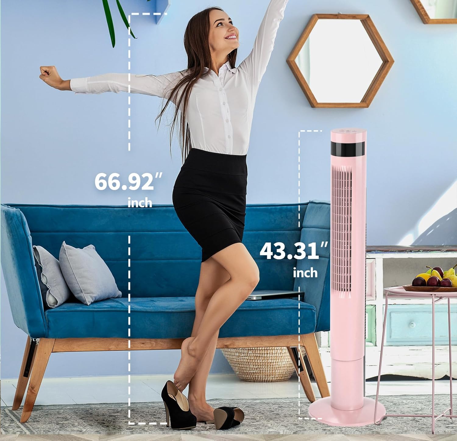 Antarctic Star 43 inch Tower Fan Portable Electric Oscillating Fan Quiet Remote Control Bladeless Floor Fan 3-Speed Wind Mode 12H Timer Bedroom Office Pink