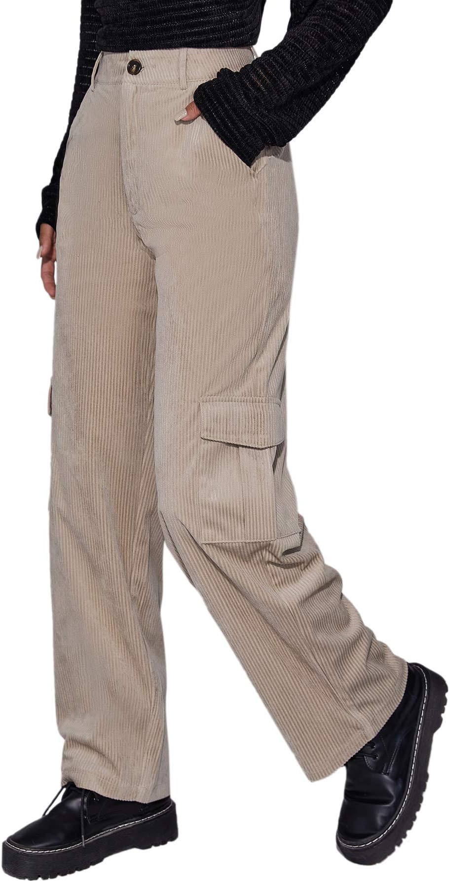FloernsWomen's High Waist Flap Pocket Zipper Corduroy Cargo Pants