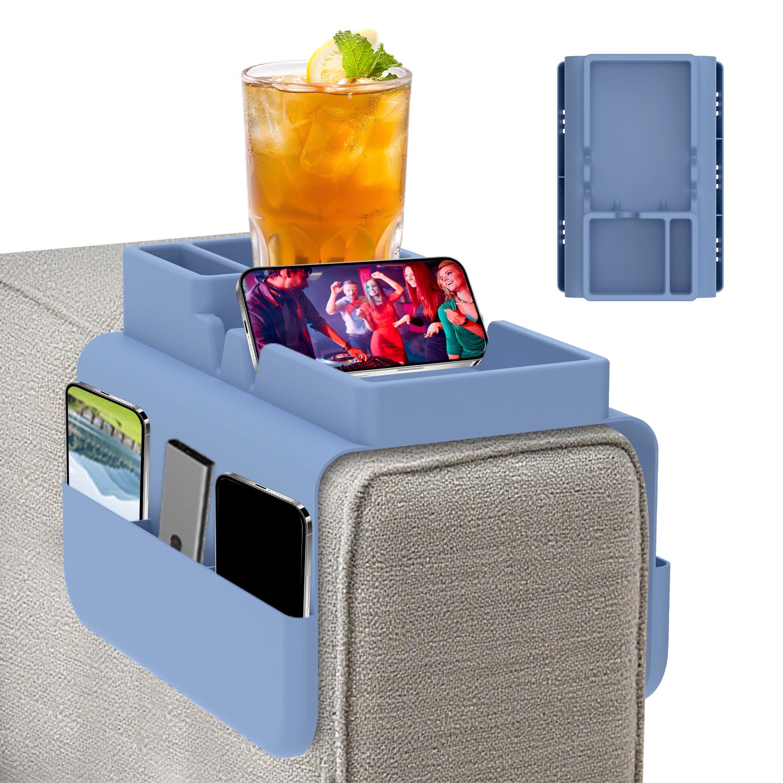 JEJUWE Sofa Arm Tray with Cup Holder - Silicone Armchair Caddy with Anti-Slip Base & Storage Pockets, Couch Armrest Organiser for Drinks Remotes Snacks, Settee Tray for Living Room (Blue)