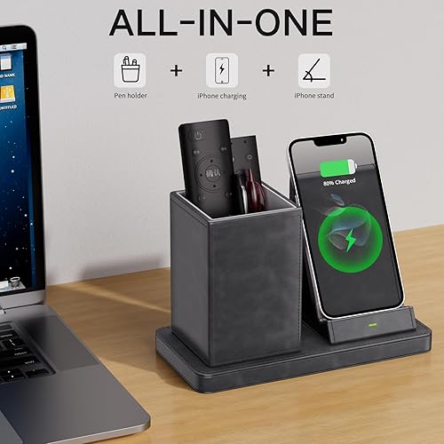 Miniatura 3 de Portalápices multifuncional para escritorio, organizadores de cuero vegano gris con soporte para control remoto, soporte para lápices, organizador