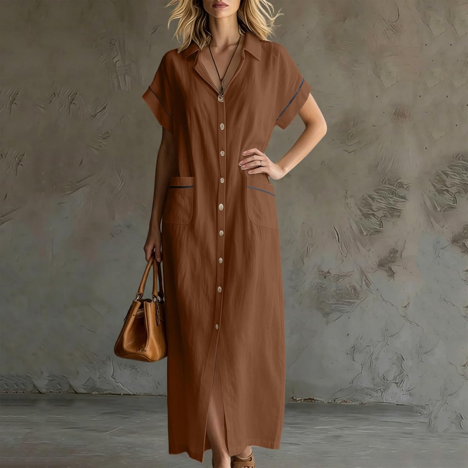 Women V Neck Collared Maxi Dress Casual Short Sleeve Side Split Button Long Dresses Loose Beach Swimsuit Cover Up