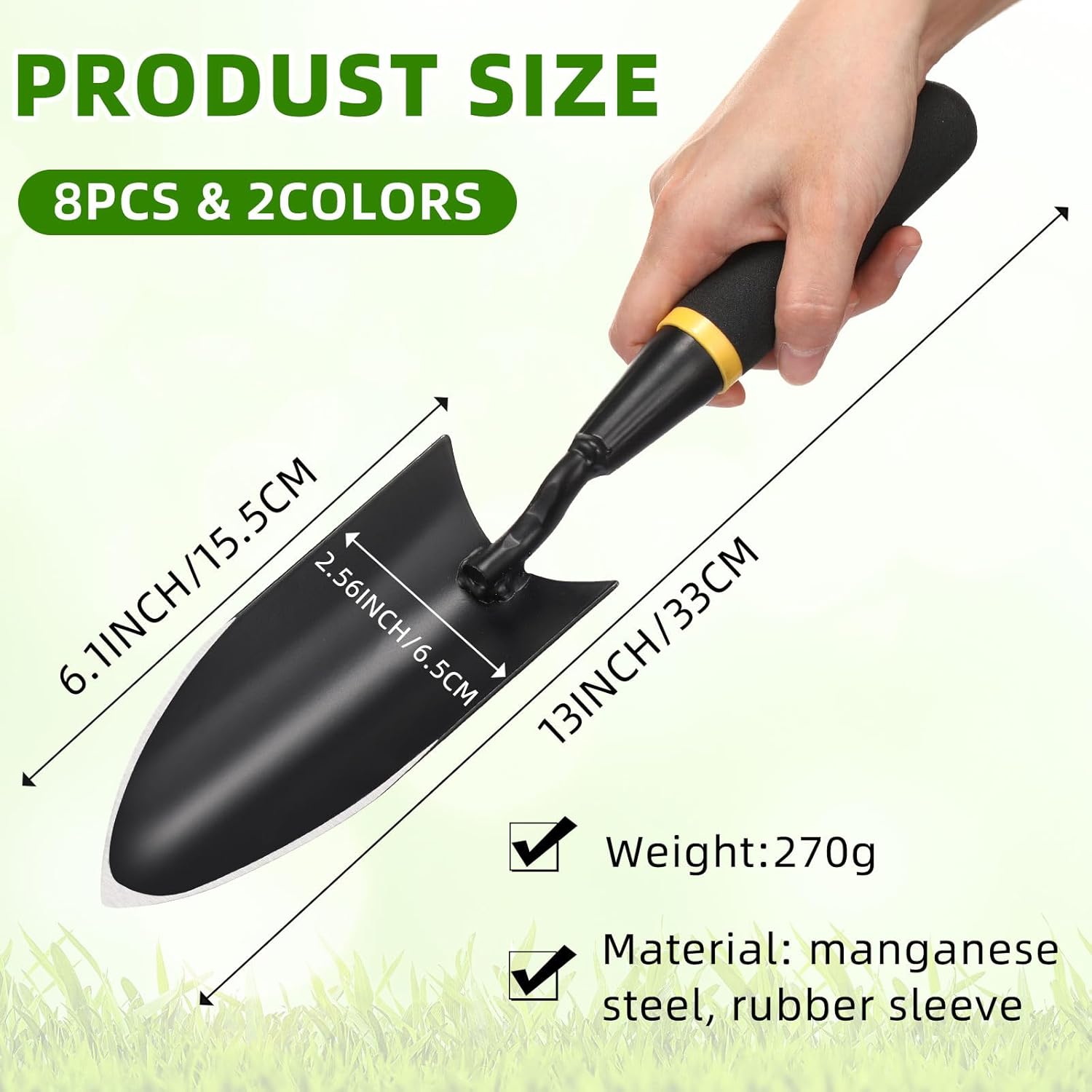 8 Pcs Garden Hand Trowel Heavy Duty Carbon Steel Garden Shovels Tools with Resin Rubberized Handle for Camping, Digging, Soil Planting, Transplanting, Lawn Yard Farm (Narrow Shovels)