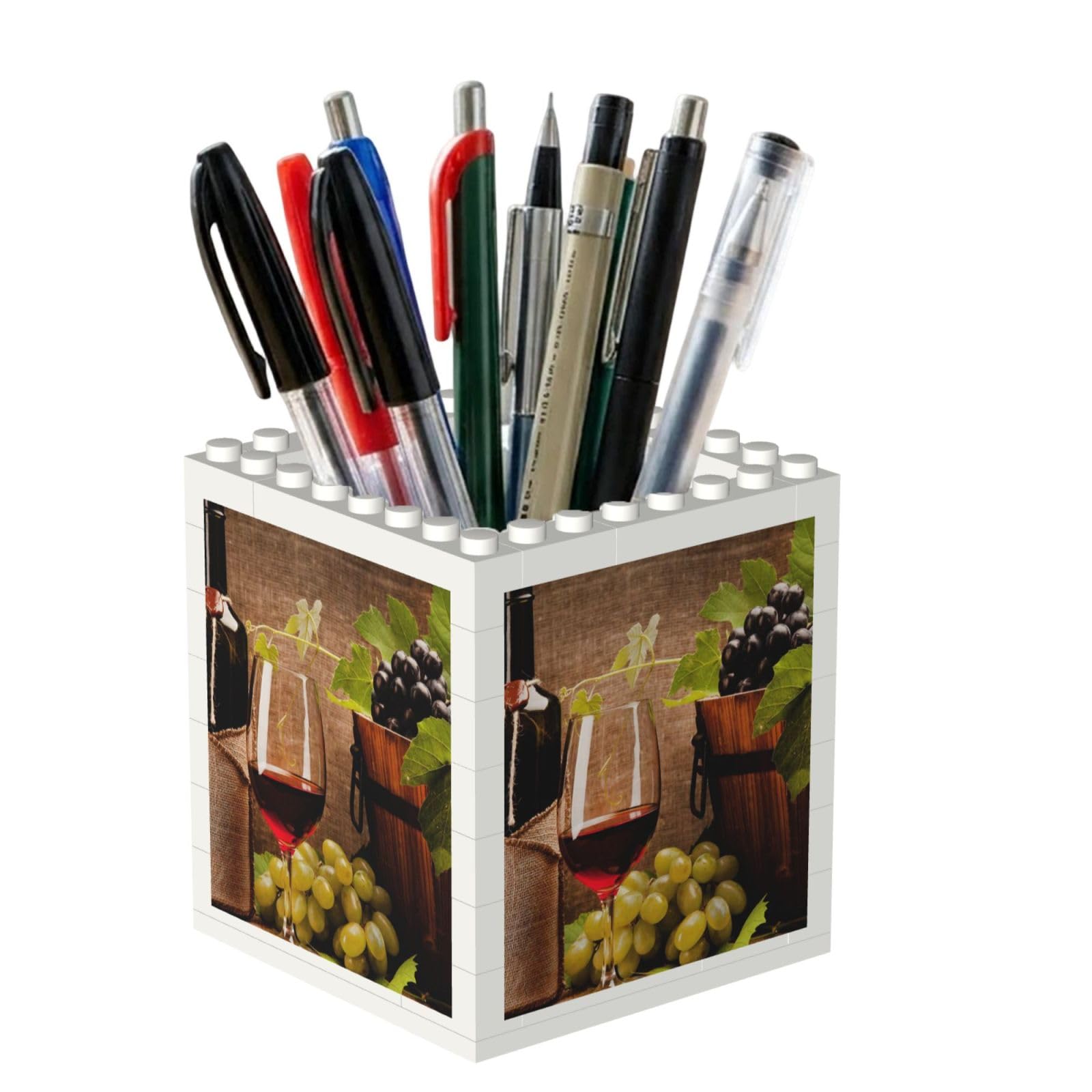 Poadnly Glasses Of Wine With Wine Bottle And Grapes, Pen Pot Pencil Holder for Office Home School, Compact Desk Organiser for Office Stationery