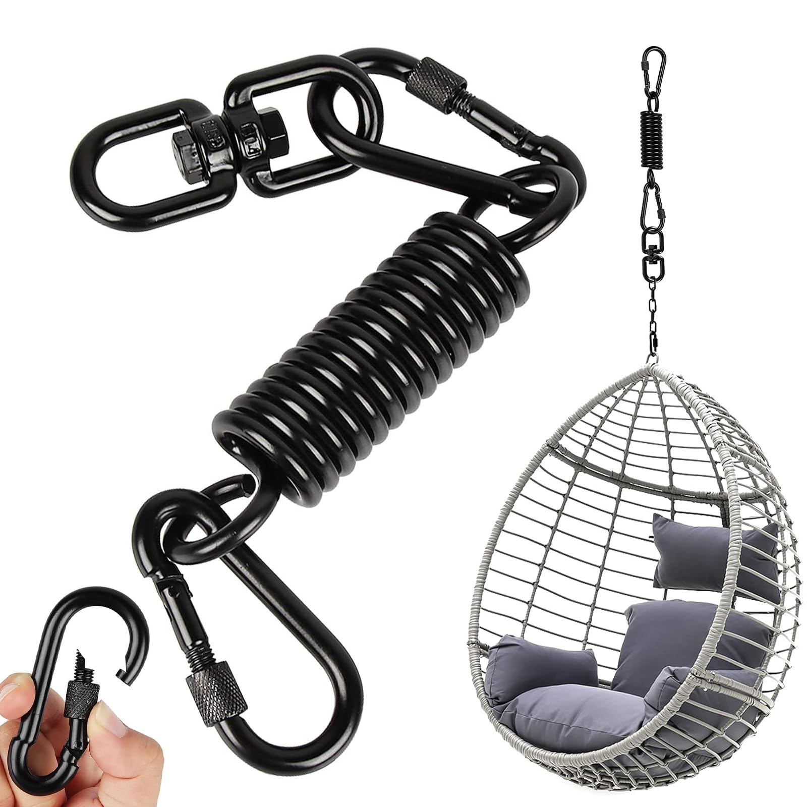 Molla oscillante per poltrona sospesa, con 2 moschettoni e gancio girevole a 360°, moschettone, portata fino a 250 kg, molla di sospensione per sacco da boxe, hammock, yoga