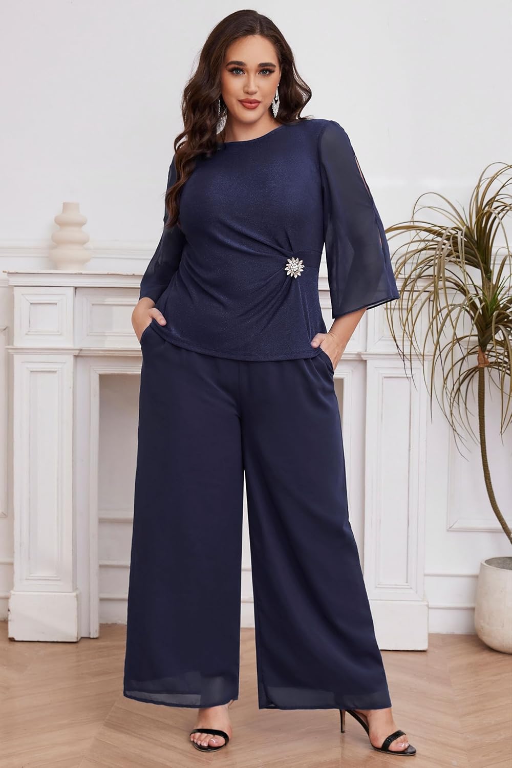 AOVDE Plus Size Pant Suits Mother of Bride Dressy Pant Suits 2 Piece Outfits with Pockets for Women Wedding Guest