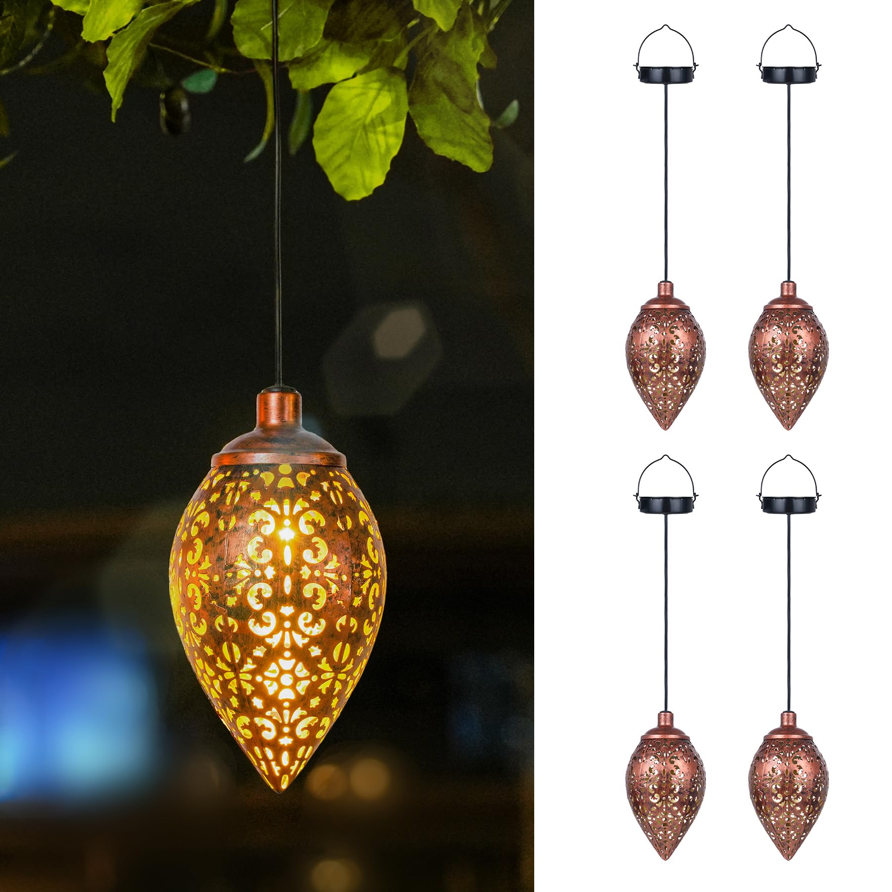 Görvitor Lámparas solares para exterior y jardín, 4 unidades, para colgar en exteriores, metal vintage, IP65, resistente al agua, luz cálida para balcón, patio, jardín, regalos de jardín para mujeres