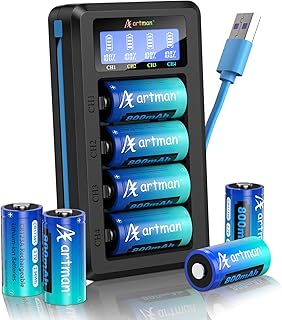 Artman CR123A Rechargeable Batteries 800mAh, 8 Pack 3.7V CR123A Lithium Batteries with Charger, CR17345 Battery Compatible with Arlo Cameras VMC3030 VMK3200 VMS3330 3430 3530, Flashlight Microphone