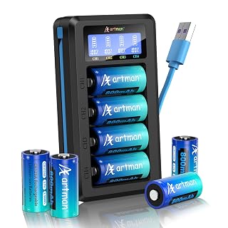 Artman CR123A Rechargeable Batteries 800mAh, 8 Pack 3.7V CR123A Lithium Batteries with Charger, CR17345 Battery Compatible with Arlo Cameras VMC3030 VMK3200 VMS3330 3430 3530, Flashlight Microphone - Amazon product rated Grade A
