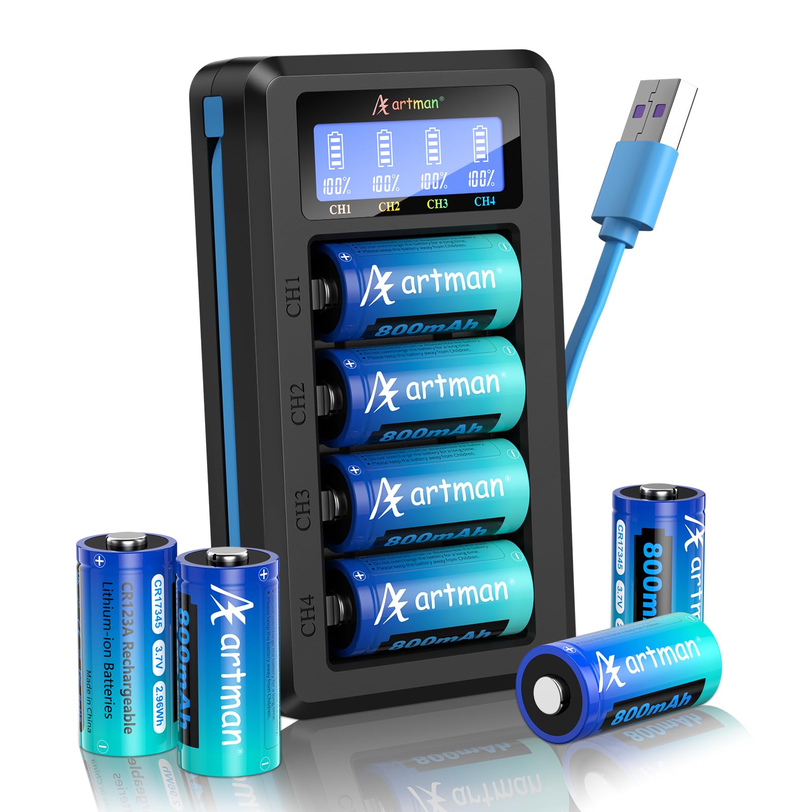 Artman CR123A Rechargeable Batteries 8 Pack, 800mAh 3.7V Lithium Batteries with LCD Charger, Compatible with Arlo Cameras VMC3030 VMK3200 VMS3330 3430 3530, Flashlight Microphone
