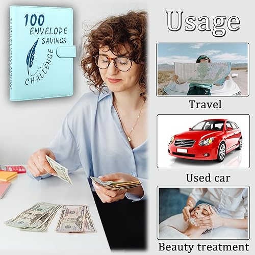 Miniatura 7 de MUQING Carpeta de desafío de 100 sobres, sobres de ahorro de dinero para desafío de efectivo, libro planificador de presupuesto de ahorro de $5050,