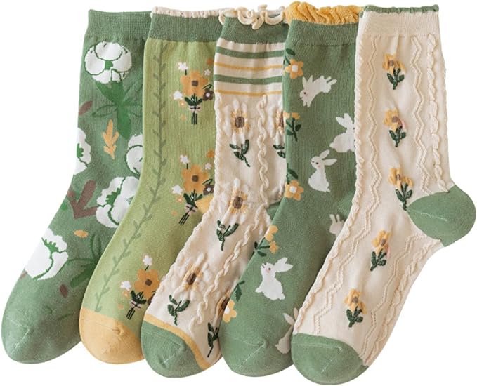 MarJunSep Cute Floral Crew Socks for Women Teen Girls Flower Cottagecore Frilly Vintage Fancy Cotton Socks