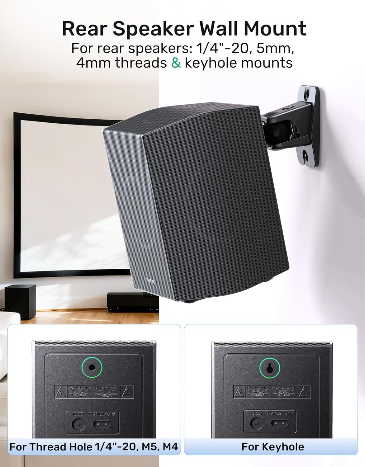 Surround Sound Rear Speaker Wall Mount, Ceiling Mount Bracket for Universal Satellite, fits Keyhole and Thread Hole with 1/4"- 20, 5mm & 4mm Thread, Works with Roku, Samsung q990D, Holds up to 11 lbs