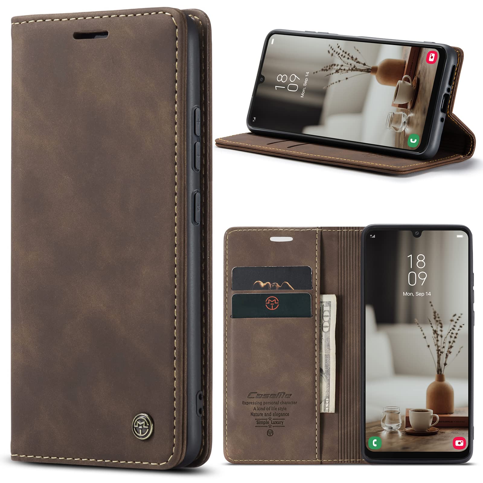 Azororo Cover per Samsung Galaxy A34 5G, Premium PU Pelle Custodia, Magnetica Carta Fessura Portafoglio Case, Flip Cavalletto Custodia per Samsung Galaxy A34- Caffè