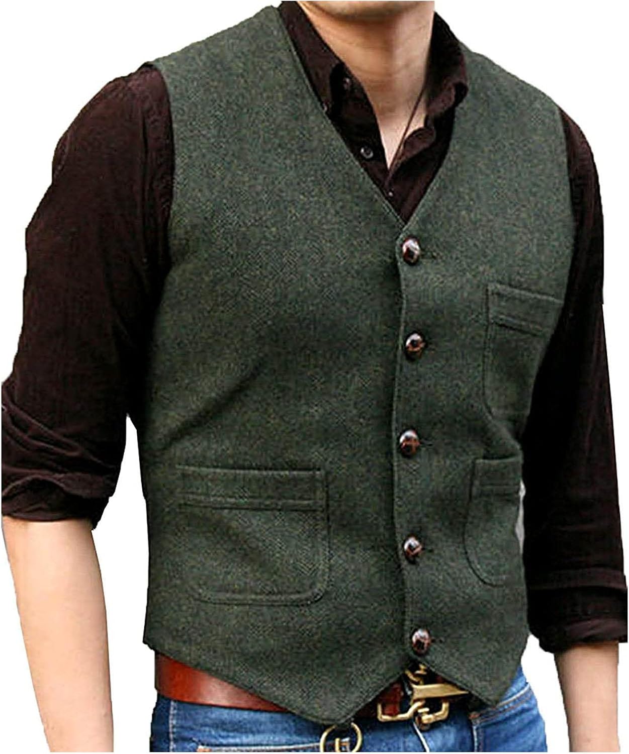 SOLOVEDRESS Mens Vintage Tweed Suit Vest V Neck Casual Wool Waistcoat for Wedding Groomsmen