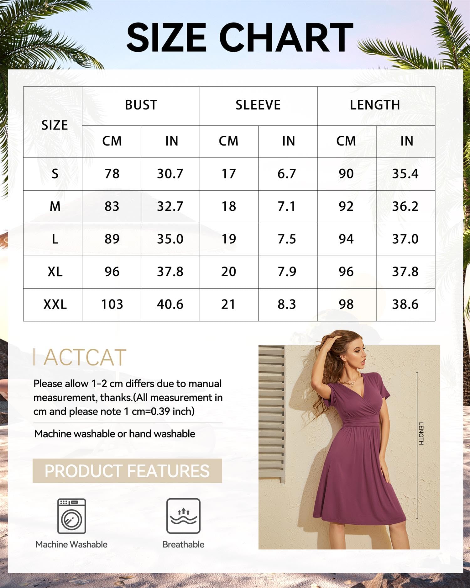 Actcat Abito con scollo a V, maniche corte, casual, estivo, con tasche