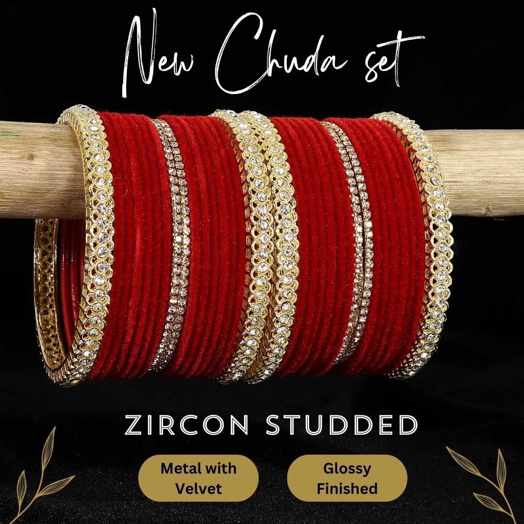 LAVAZZA Gold Plated Metal Velvet Bangles Short Chuda Set For Women & Girls with Zircon Gemstone | Red Bangles for Women | Women's Bangles Red | Golden Chuda | Set of 32 -(LV_FMS6-Red-2.4) 3