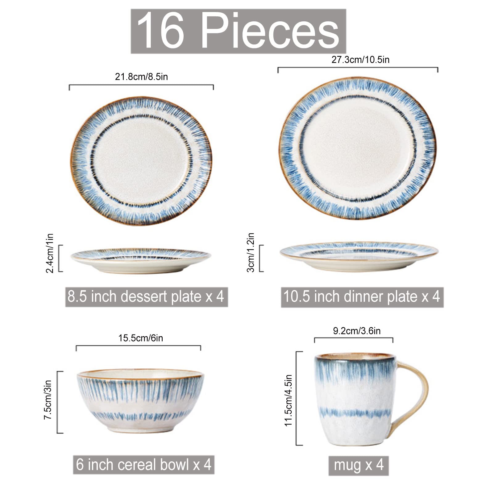 Zastawa stołowa dla 4 osób, 16-częściowy komplet naczyń z porcelany premium, zestaw naczyń z talerzami płaskimi, talerzami deserowymi, miskami i kubkami