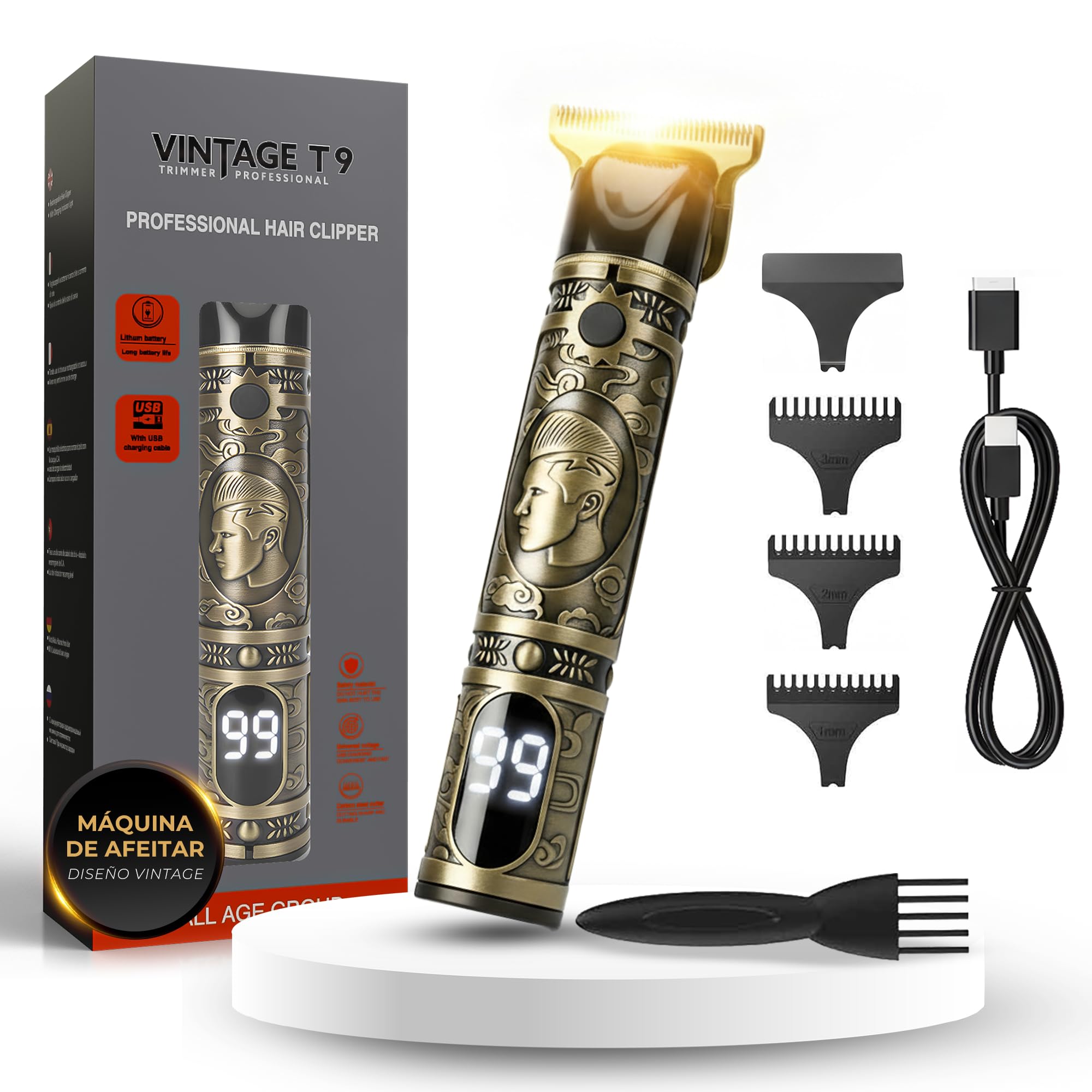 Maquina de Afeitar Hombre Electrica con LED - Maquina de Cortar Pelo Hombre Inhalámbrica - Maquinilla de Afeitar Cortapelos - Recortadora De Barba con 3 Peines Intercambiables.